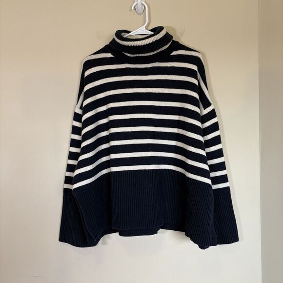 GAP Sweater Women Sz XL Navy White Turtleneck‎ Striped Heavyweight Cotton Slits - Picture 1 of 8